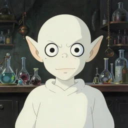 minimalist cyborg goblin with maniacal expression and bulging eyes inside byzantine hong kong hoarder labaratory, portrait by by greg rutkowski and h. r. giger and stalenhag and deak ferrand, studio ghibli composition