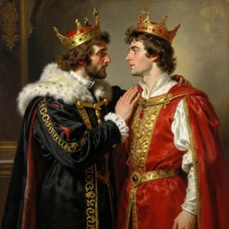 attractive fully clothed king confesses his love for his attractive fully clothed male prince. highly detailed painting by gaston bussiere, tom bagshaw 8 k