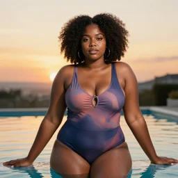 a plump afro girl on the edge of the pool in a galographic swimsuit, a swimsuit with a lock on the chest, afro pigtails hairstyle, sunset mood, vogue style,, golden ratio, perfect composition, medium close - up ( mcu ), cannon ef 6 5 mm f / 2. 8 8 k