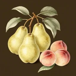 a botanical illustration of pears and thin leaves, and peaches, dark brown background, vintage illustration