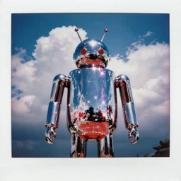 analog polaroid photograph of a chrome android, sheen, red reflections, unreal engine, azure sky, big clouds visible, sunlight, reflection, sparkles, lensflare, film grain, depth of field, color bleed