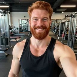 8 5 mm selfie of a muscular hairy bearded attractive ginger gym bro at the gym smiling