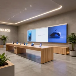 by sleepy pang!! of 2 0 3 0 s flagship retail interior. experience. telco digital screens phones. wood, polished concrete, neon, ceiling spots. plants. samsung microsoft apple nike adidas tesla muted colors
