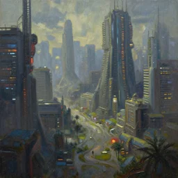 an oil painting of a cyberpunk village in 2068, stunning quality