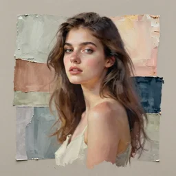 mixed media collage half-lenght portrait of a woman. in soft pastel tones. textures. matte background HD