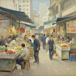 A scene at the prosperous shanghai markets, detailed photorealistic oil painting by Zhang Zeduan and Anton Fadeev