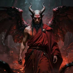 a demonic monk with horns and wings in the style of victor adame minguez, chaotic background, dark lighting, 4 k
