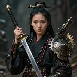 hyper realistic portrait of postapocalyptic asian death cult monk girl sword and shield, beads, gears, machineparts, cinematic, artstation, cgsociety, pascal blanche