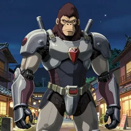 portrait of anime demonic gorilla mecha robot armor, japanese town background, starred night sky, sharp details, great lighting, strong shadows, crisp edges, illustration concept art anime key visual trending pixiv fanbox by wlop and greg rutkowski and makoto shinkai and studio ghibli and kyoto animation, alphonse mucha
