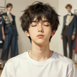a high fashion studio detailed portrait of am charming anime boy, eyes closed, brightly lit, painting by gaston bussiere, craig mullins, j. c. leyendecker