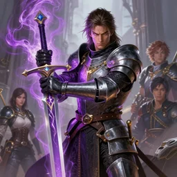 comic book drawing of a handsome knight holding magical sword, purple energy, highly detailed, d & d, fantasy, highly detailed, digital painting, trending on artstation, concept art, sharp focus, illustration, global illumination, ray tracing, realistic shaded, art by artgerm and greg rutkowski and fuji choko and viktoria gavrilenko and hoang lap