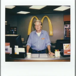 jimmy carter working the front counter of mcdonald's ready to take your order, eighties polaroid, flash photography, photorealistic, kodachrome