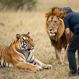 a tiger lying next to a lion and a human approaching them