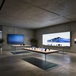 A Samsung minimalist flagship store, concrete walls, floor and high ceilings, curved glass furniture with large digital screens, display tables with phones and tablets, concrete flooring, a few plants in the background, retaildesignblog.net, Architectural photography. 14mm. Cinematic moody lighting. High Res 8K. award winning architectural design