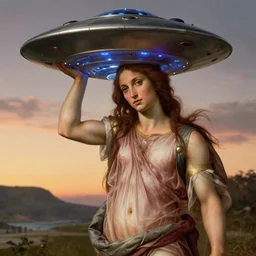 drake holding an ufo by botticelli, digital art, classical painting, sharp focus, sunset beach, 4 k, restored