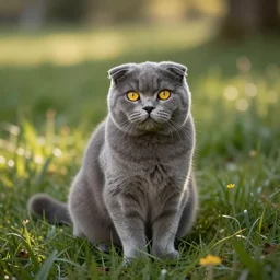 a scottish fold cat, grey fur, yellow eyes, sitting in the middle of sunny meadow, by leonid afremov