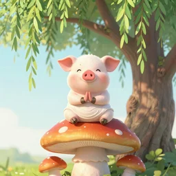 a cute pig meditating like buddha on top of a giant mushroom, large willow tree in the background. ”
