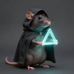 a rat, wearing a hooded cloak, holding a luminescent triangle, by vincent desiderio