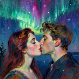 close portrait of woman and man kissing. aurora borealis. iridescent, vivid psychedelic colors. painting by arcimboldo, agnes pelton, utamaro, monet
