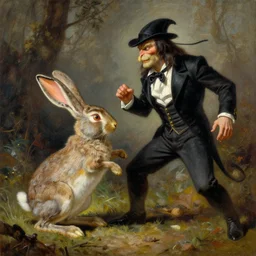 the predator fighting the killer rabbit of caerbannog from monty python. dramatic painting by artgerm and greg rutkowski.