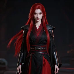 small, thin, delicate, feminine, beautiful female sith warrior, determined, powerful, with smooth porcelain skin, long flowing red hair, wearing black and red imperial sith military robes, full body portrait, centered composition, unreal engine render, 8 k, hypermaximalist, extremely detailed, cinematic, nighttime, dark lighting