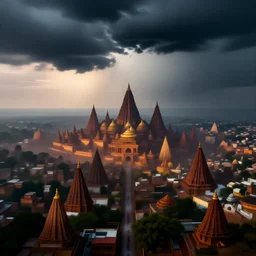 an epic colossal scene in gigantic city Ayodhya from Ramayan on a late monsoon dusk, by Nathan Dane Clarke, by Bruce Pennington, masterpiece, cinematic composition, aesthetic, dynamic, beautiful, detailed, beautiful lighting, stormy weather, thunder, dark clouds, heavy rain, 8K, no frames,