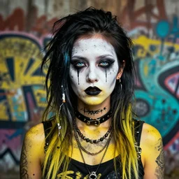 highly detailed portrait of a sewer punk young lady with white graffiti face paint by atey ghailan, james gilleard, by joe fenton, by greg rutkowski, by greg tocchini, by kaethe butcher, 4 k resolution, gradient yellow, black, brown and cyan color scheme, grunge aesthetic!!! ( ( dystopian graffiti tag wall in background ) )