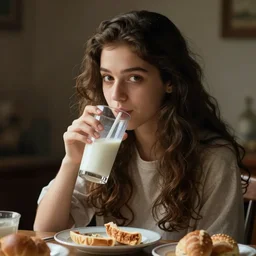 a girl drinking a milk, at breakfast.
