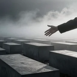 arm reaching out of thick fog, row of holocaust memorial stone blocks, zdzislaw beksinski