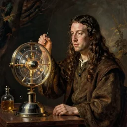 Mark Zuckerberg as a long haired medieval scientist building a futuristic  time machine, by Diego Velázquez