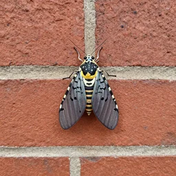 An HD photograph of a spotted lanternfly resting on a brick wall in Philadelphia