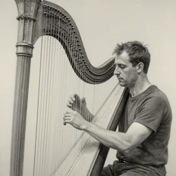 a man playing a harp. grisaille artwork
