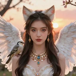 Portrait of a cute elegant woman with thick angelic white wings on her back, a bird on her shoulder, cat ears, luxurious neckless, sunset warm spring, slim face, detailed face, centered close-up, fantasy, anime, vibrant, colorful, depth of field, intricate details, trending on ArtStation, Deviantart, by WLOP