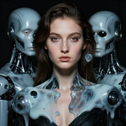 hyperrealism mixed with classicism, close - up group portrait of fashion model and melting cyborg, complete darkness, in style of classicism mixed with 8 0 s sci - fi hyperrealism