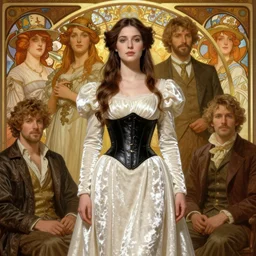 sargent and leyendecker and greg hildebrandt highly detailed portrait of a woman with long hair, wearing a white velvet gown with black leather corset, stephen bliss, unreal engine, by greg rutkowski, loish, ferdinand knab, ilya kuvshinov, rossdraws, tom bagshaw, alphonse mucha, global illumination, radiant light, detailed and intricate environment
