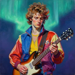 palette knife oil painting portrait of apollo, a slender guitarist in an 8 0 s tracksuit - clashing colors, shoulder pads - and a stylish hairdo. disco northern lights. extreme detail, artstation trending, artgerm, any racial background, deviant art, hipster, octane, substance, art history 8 k