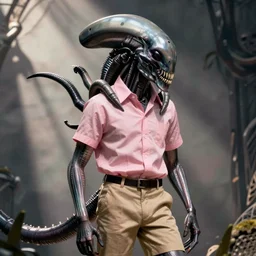 xenomorph preppy in a popped collar pink shirt and khaki shorts