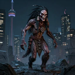 terrifying indigenous skinwalker wandering around toronto city, night. illustration, fine detailed lines, hyper detailed, artstation, octane render, v ray collection, 3 d character model, dreamworks,, cinema 4 d, nvidia