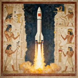 sumerian mural of elon musk launching rocket in space