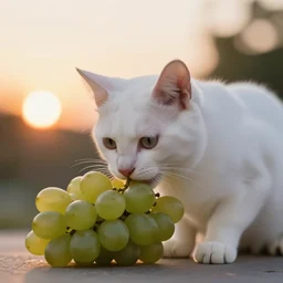 white kitten eating grapes under the sunset, aesthetic