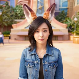 upper half portrait, of a anthropomorphic asian girl wearing a denim jacket, in the style of zootopia, far shot, 5 feet away