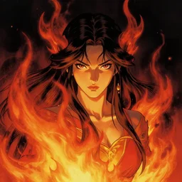 portrait of diety of flame, beautiful! coherent! by brom, by brian froud, deep color, strong line, high contrast