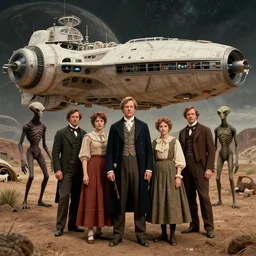 sharp, 70mm still from a sci fi blockbuster color movie made in 2022, set in 1860, of a family standing in front of a spaceship that has just landed on an alien planet, a humanoid alien creature stands nearby, the family are all wearing 1850s era clothes, 4k, in focus, extremely good quality lighting, good quality photography, A list cast, famous actors, famous actresses, oscar winner