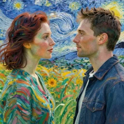 A person meeting another person above a van Gogh style field while both person are surrounded by a colourfull wind around their chests, dream, 40nm lens, shallow depth of field, split lighting, 4k,