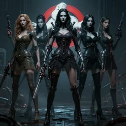 ghostbusters cyborg with beautiful faces, in short dresses, weapons, full body, dark and mysterious, atmospheric, ominous, eerie, cinematic light, epic, 8 k 3 d, ultra detail, ultra realistic, by wlop, by mucha, by giger