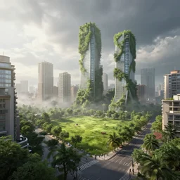 a breathtaking street view of a city with biophilic architecture, green meadows, cinematic lighting, epic sky, detailed, concept art, high detail, volumetric, misty, beautiful, artstation, by jordan grimmer and federico pelat and wadim kashin, 8 k