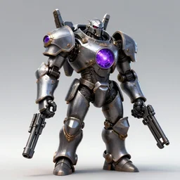 a highly detailed illustration of dieselpunk cyber knight with machine gun arms, rigid bulky armor, purple glowing core in armor, dramatic standing pose, intricate, elegant, highly detailed, centered, digital painting, artstation, concept art, smooth, sharp focus, league of legends concept art, WLOP