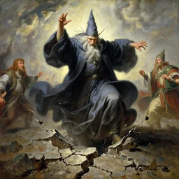 stunning male master wizard crashing and cracking the earth, highly detailed painting by gaston bussiere, craig mullins, j. c. leyendecker, 8 k