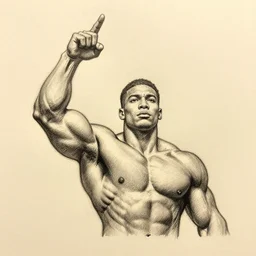 gigachad benediction, muscles, raised hand, pencil art, iconography