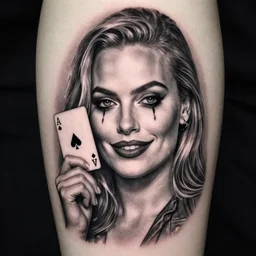 tattoo design of beautiful margot robbie with slight joker makeup, holding an ace card, slight smile, in the style of den yakovlev, realistic face, black and white, realism tattoo, hyper realistic, highly detailed